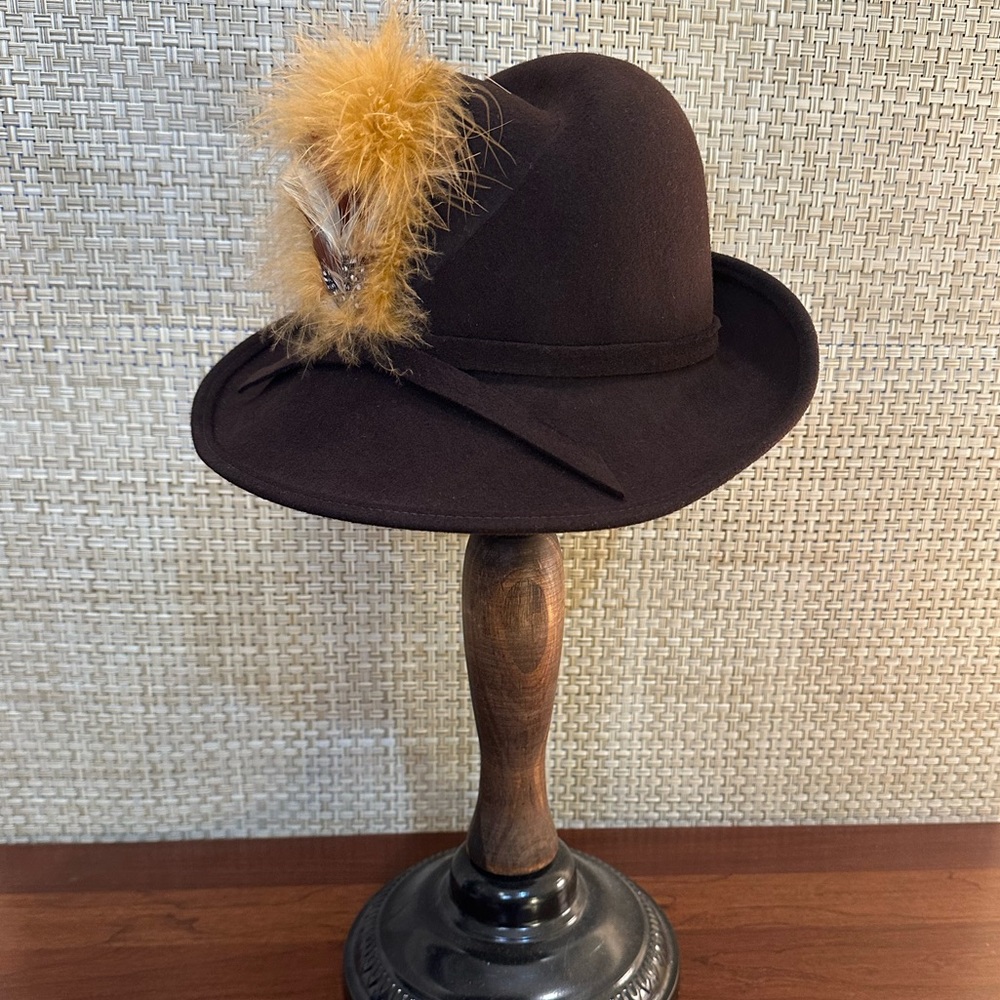 🌟HP🌟VTG 1960s Ostrich Feather Brown Wool Bowler by Bollman Hat Co. USA